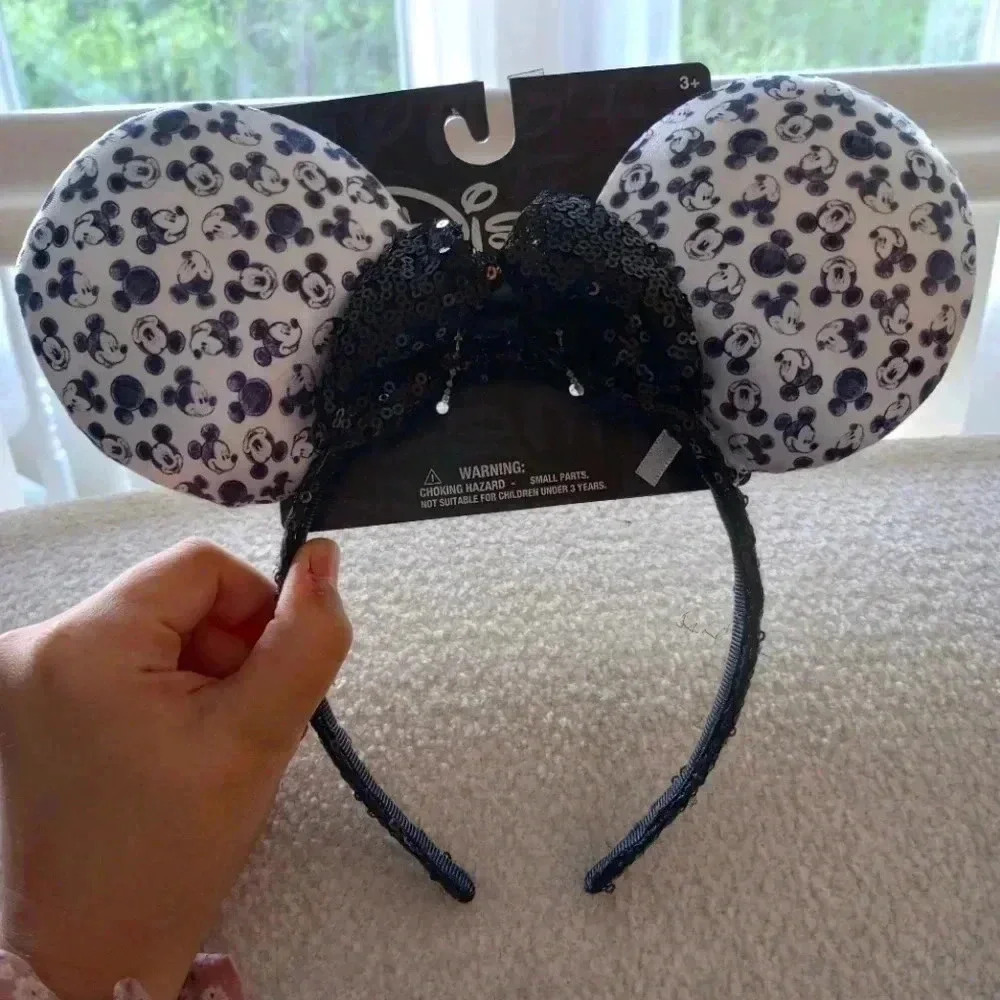 White black Mickey Minnie Mouse print headband bow collectible Disney princess